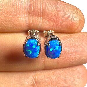 Blue Opal Stud Earrings 925 Sterling Silver 8mm Lab Created Opal Studs